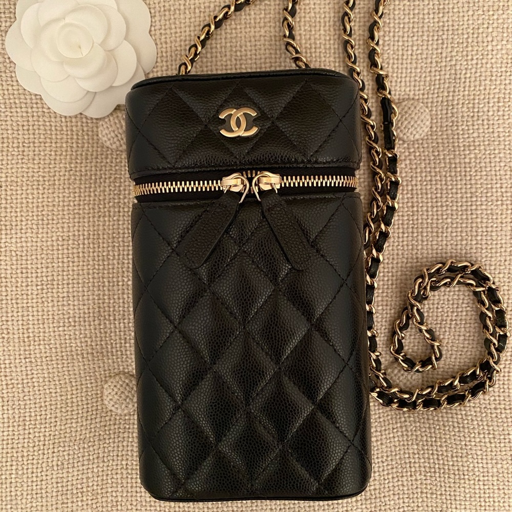 Chanel Phone long Vanity with Chain Bag Black Caviar New Receipt 21P